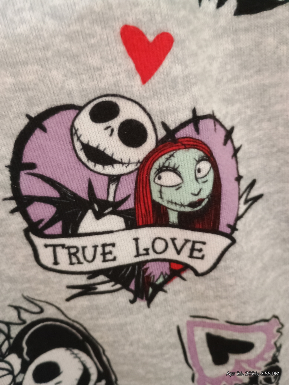 Disney Gray Pajama Top with Red, Purple and Black Nightmarish Heart Graphic